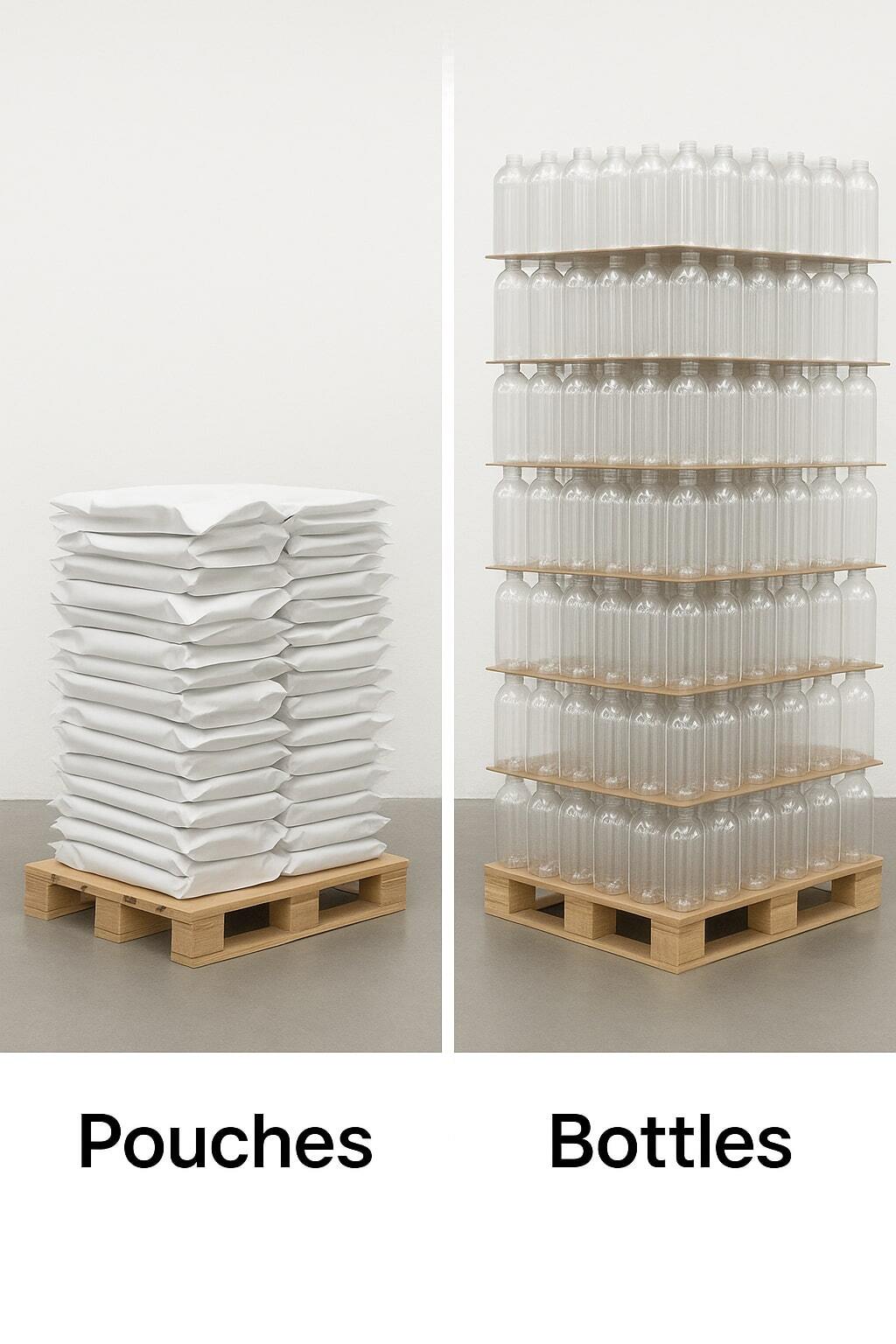 Side-by-side visual of one pallet of empty pouches versus multiple pallets of empty bottles.