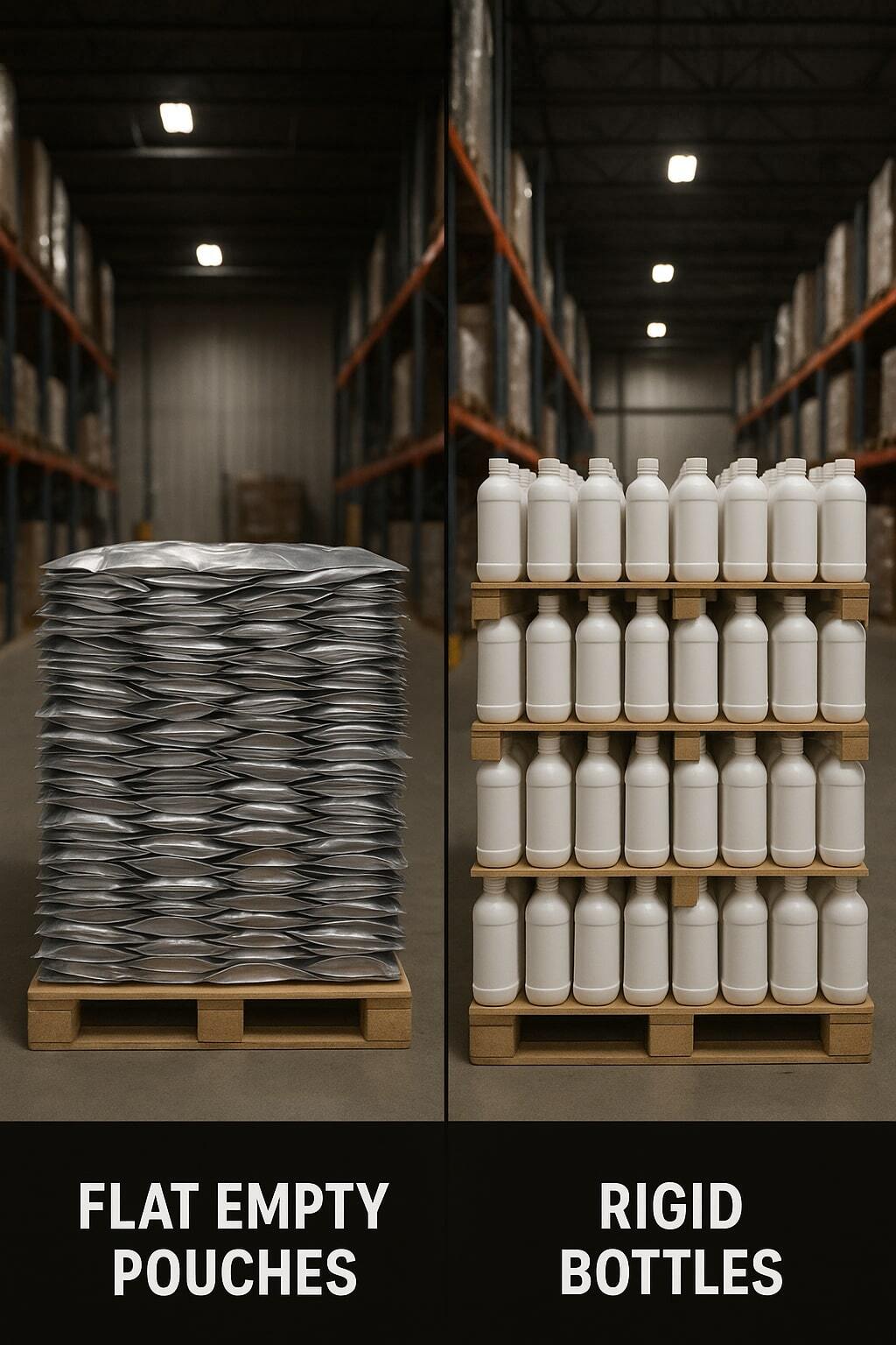 Single pallet of flat pouches beside multiple pallets of bottles.