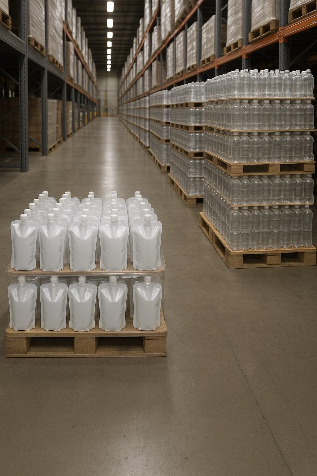Side-by-side pallets: one of pouches and many of bottles in a warehouse aisle.