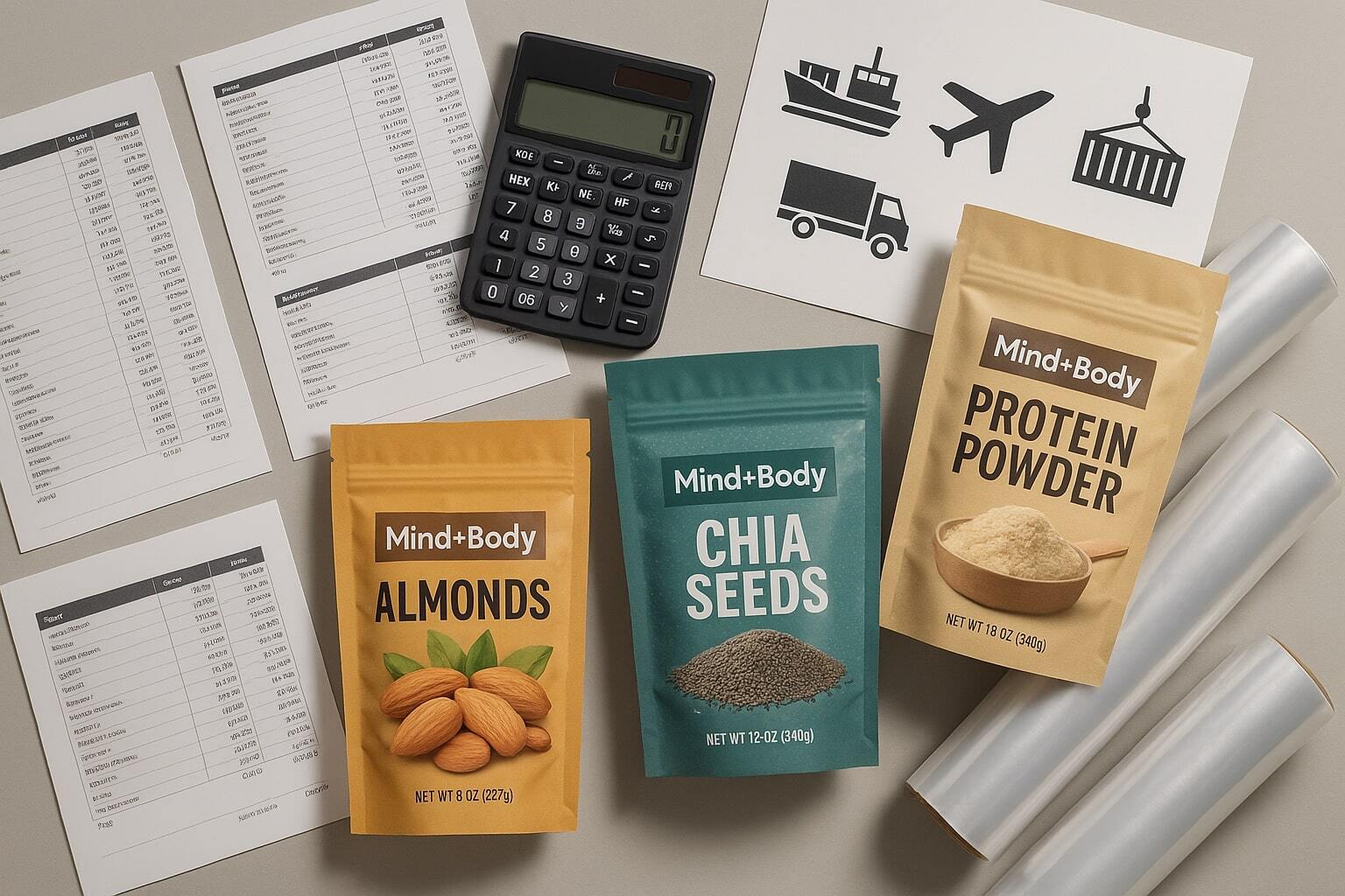 Collage of pricing spreadsheets, a calculator, freight icons, rolls of packaging film, and several finished stand-up pouches arranged neatly on a studio tabletop; modern editorial lighting.