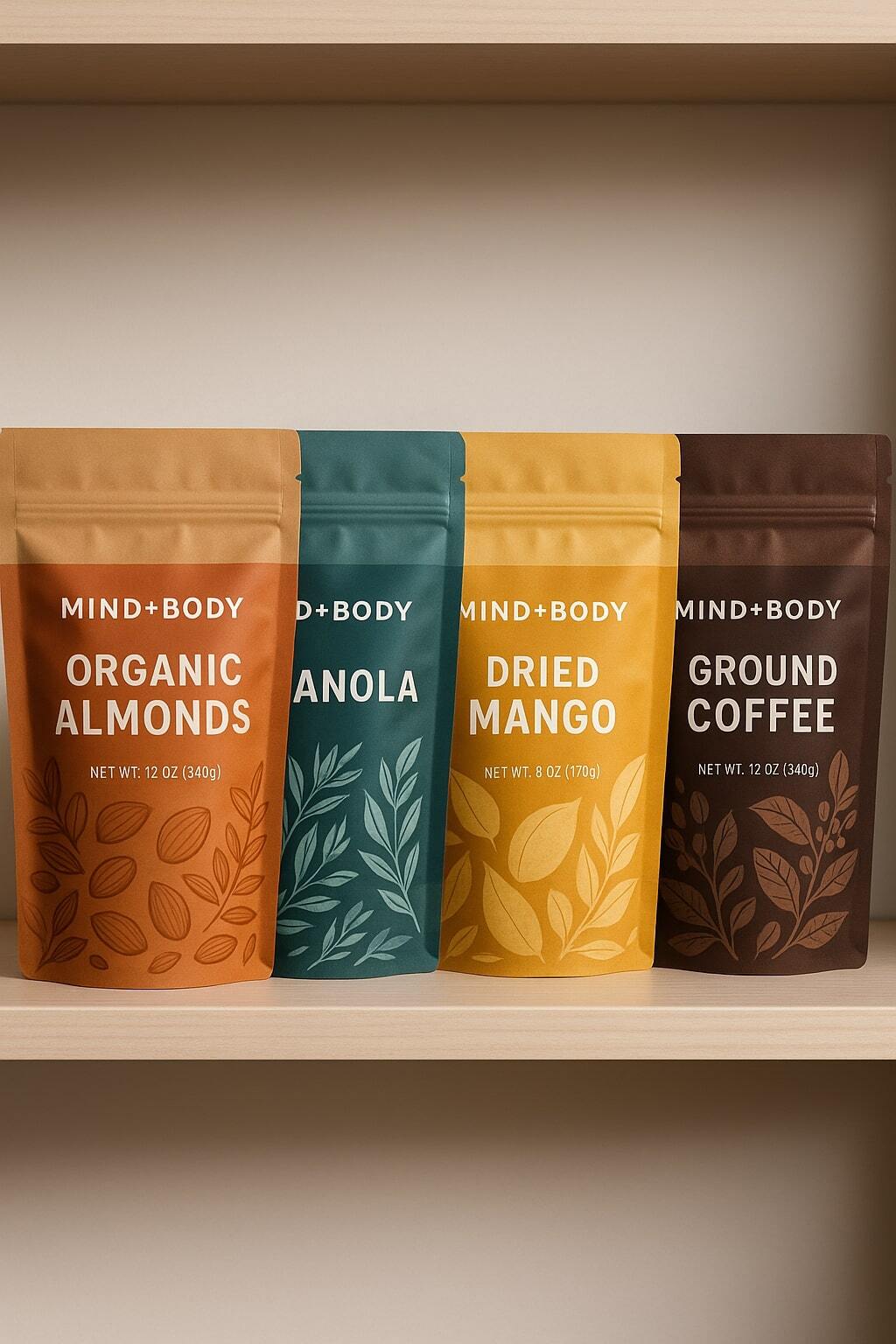 Well-lit hero shot of premium printed stand-up pouches arranged on a shelf; consistent, retail-ready.