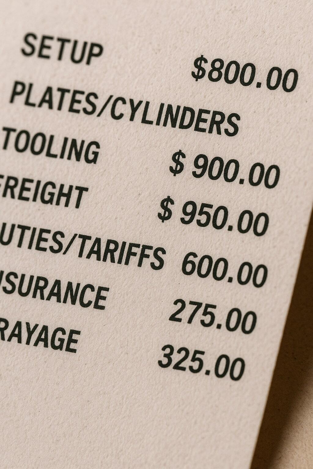 Receipt close-up listing setup, plates/cylinders, tooling, freight, duties/tariffs, insurance, drayage.