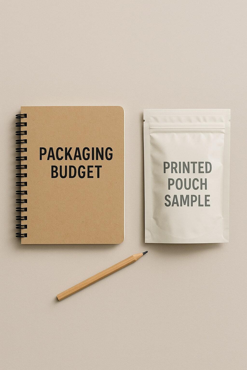 Overhead scene of a notebook titled 'Packaging Budget' beside a printed pouch sample and a pencil; clean, neutral backdrop.