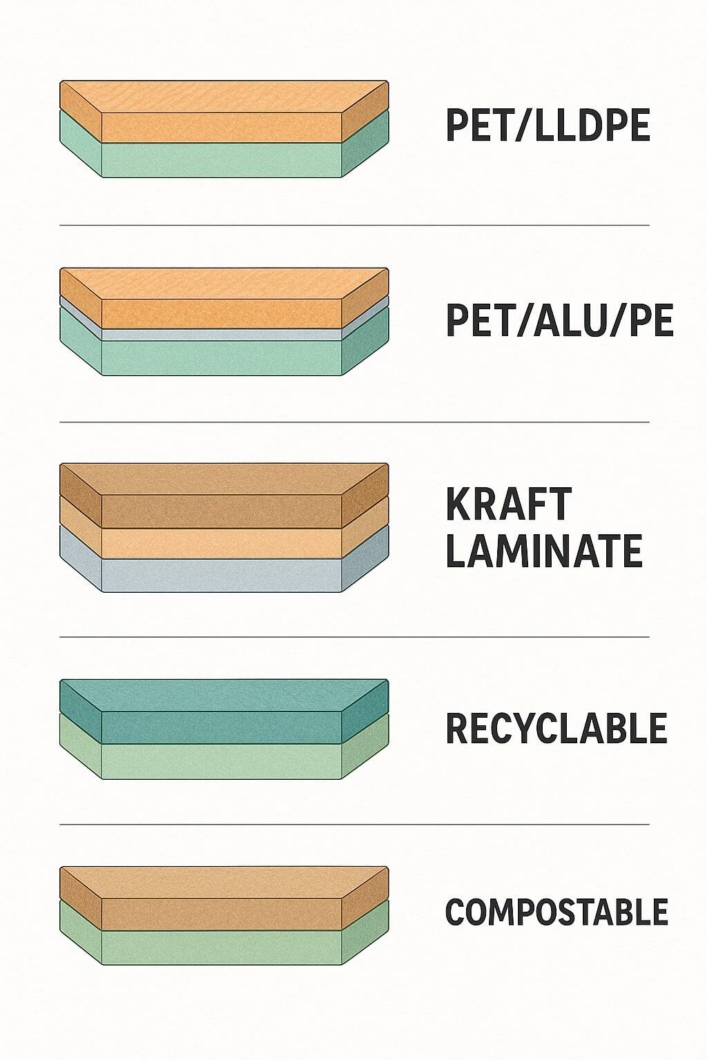 Cross-section diagram of multilayer films labeled PET/LLDPE, PET/ALU/PE, kraft laminate, recyclable, compostable.