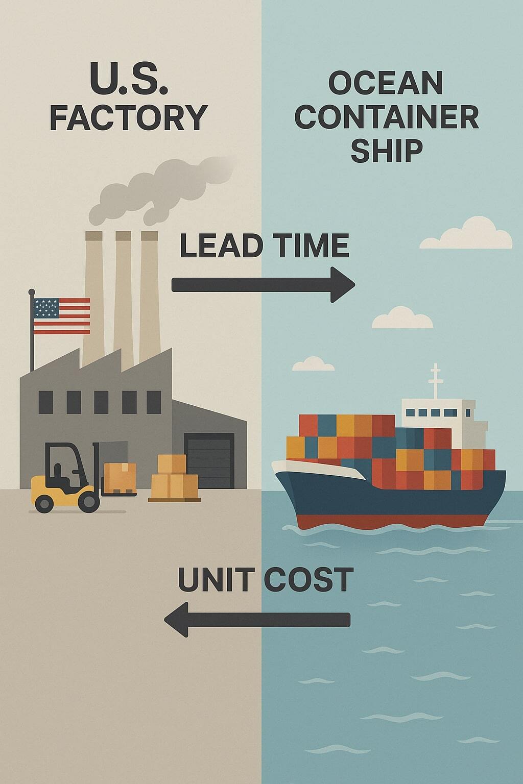 Split screen of a U.S. factory and an ocean container ship with arrows indicating lead time vs unit cost tradeoffs.
