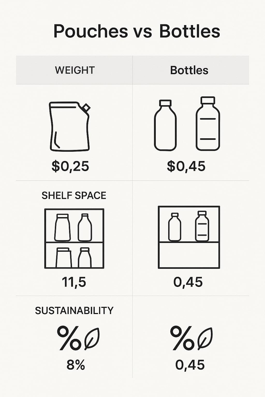 Comparison chart illustrating weight, shelf space, and sustainability between pouches and bottles.