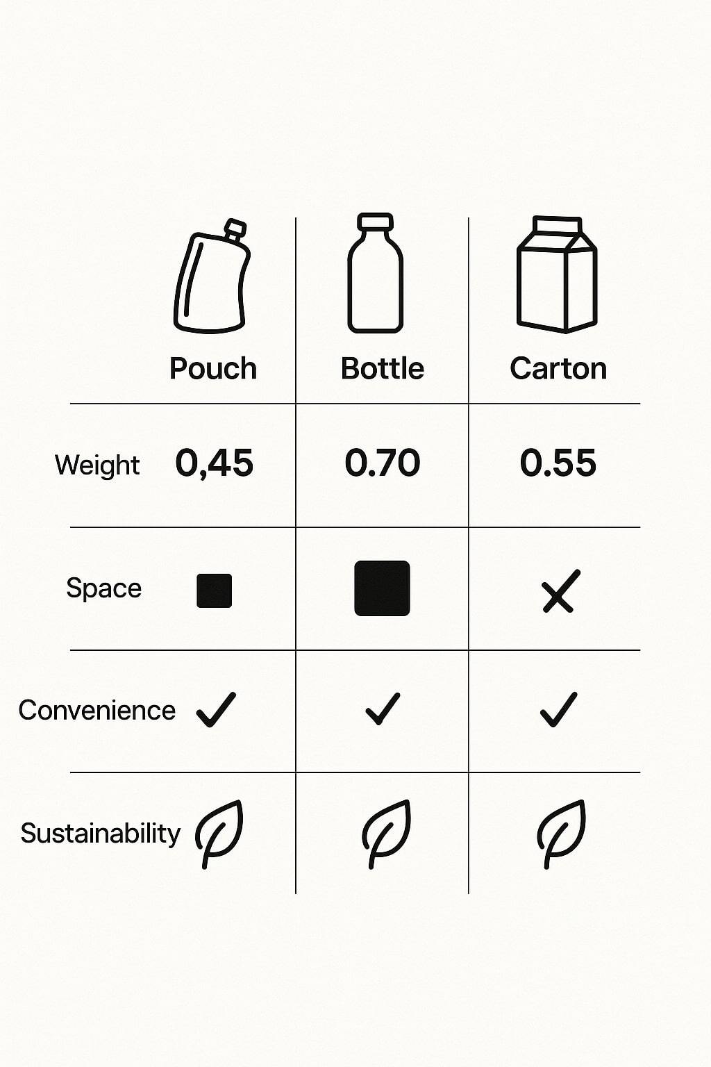 Comparison chart of spouted pouches, bottles, and cartons.