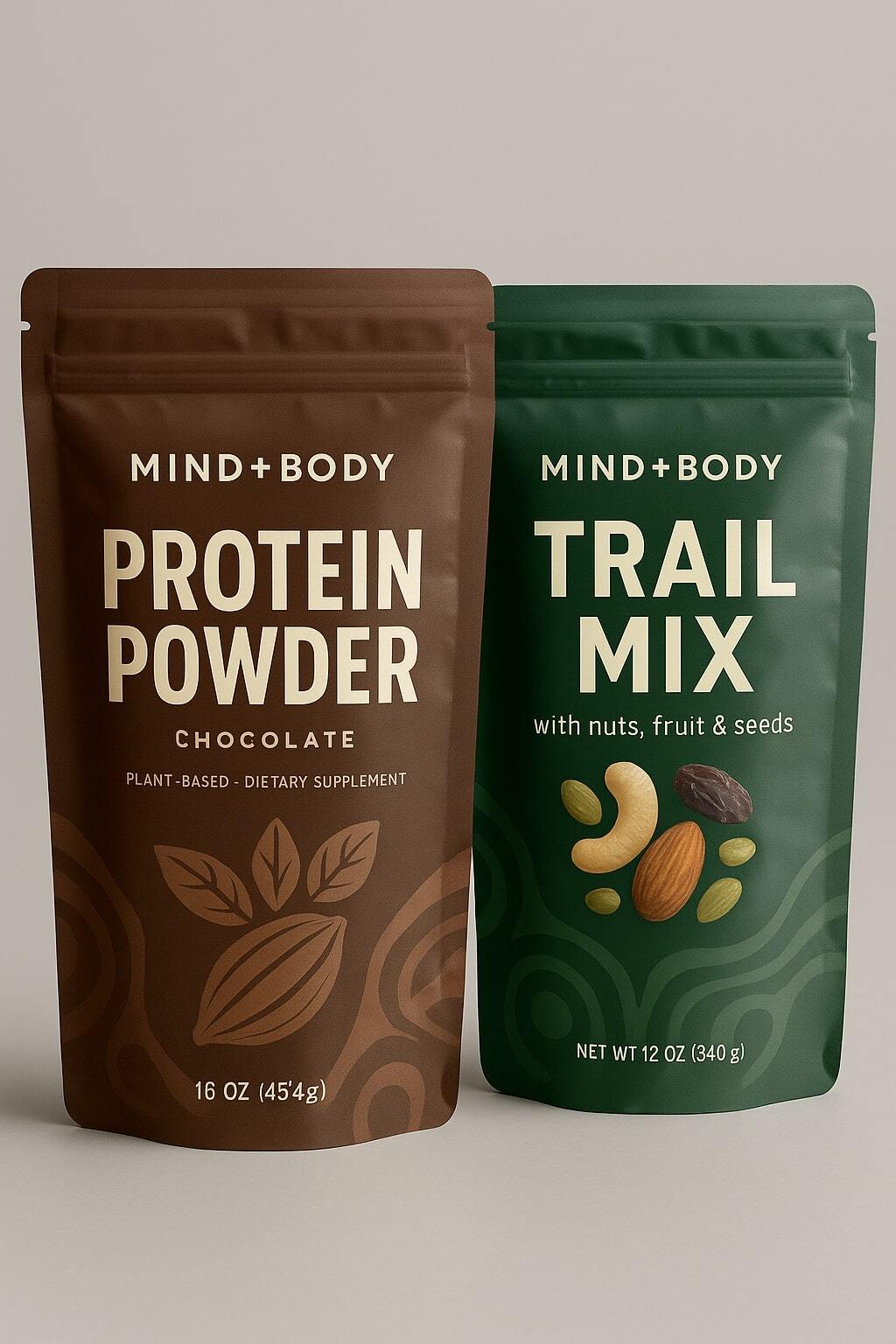 Close-up of matte and spot-gloss finishes on stand up pouches arranged for premium appeal.