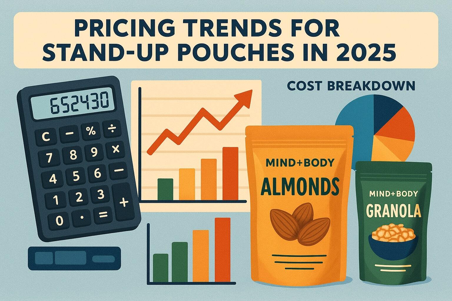 A dynamic graphic showing pricing trends for stand-up pouches in 2025, featuring a calculator, cost-breakdown charts, and sample pouches. If there are realistic pouches in the image the pouches should have some design elements as though you might find them in a grocery store. Use the fictitious company Mind+Body as the brand and label the products with real products that would be packaged in the pouches. Do not use Lorem Ipsum copy in the graphic.