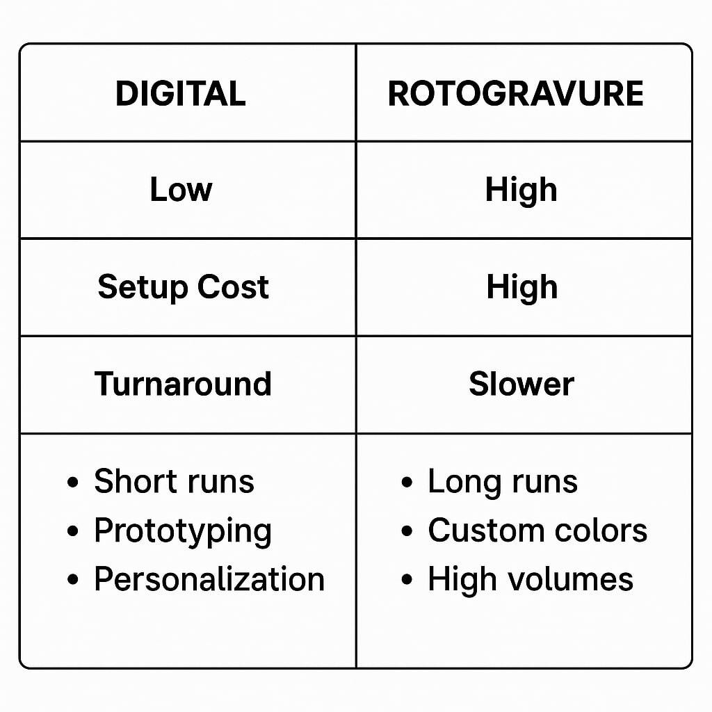 Table graphic comparing digital vs rotogravure: MOQ, setup cost, turnaround, and ideal uses.