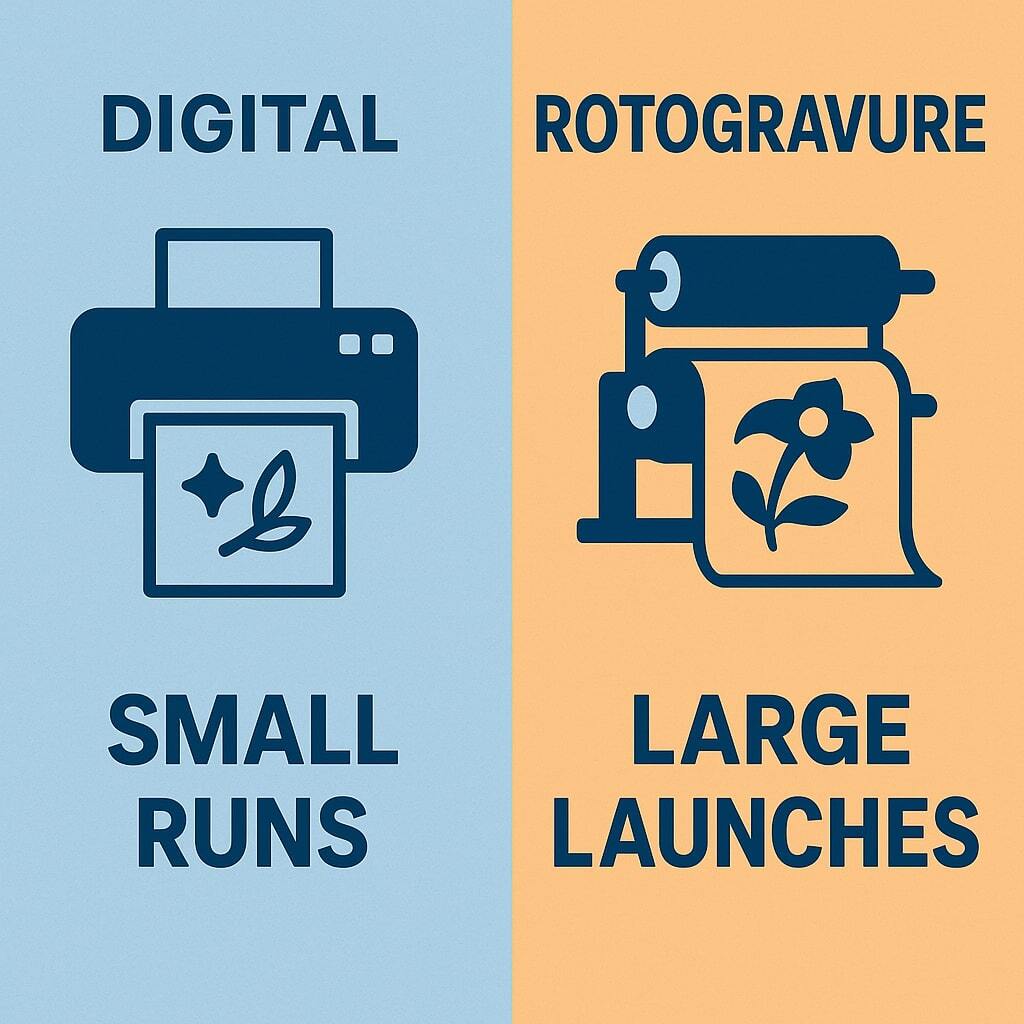 Graphic split highlighting use cases: digital for small runs, rotogravure for large launches.