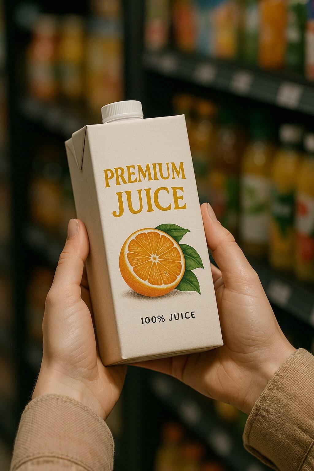 Consumer examining aseptic juice carton with premium branding at grocery shelf.