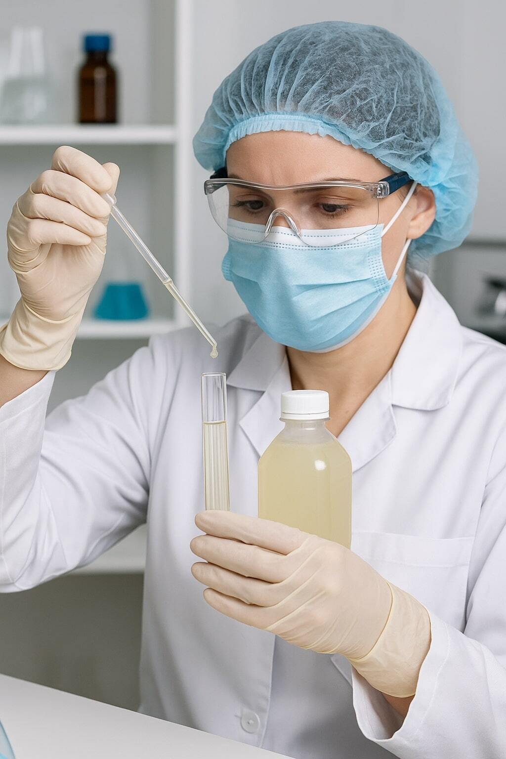 Quality assurance lab technician performing microbial test on aseptic beverage sample.
