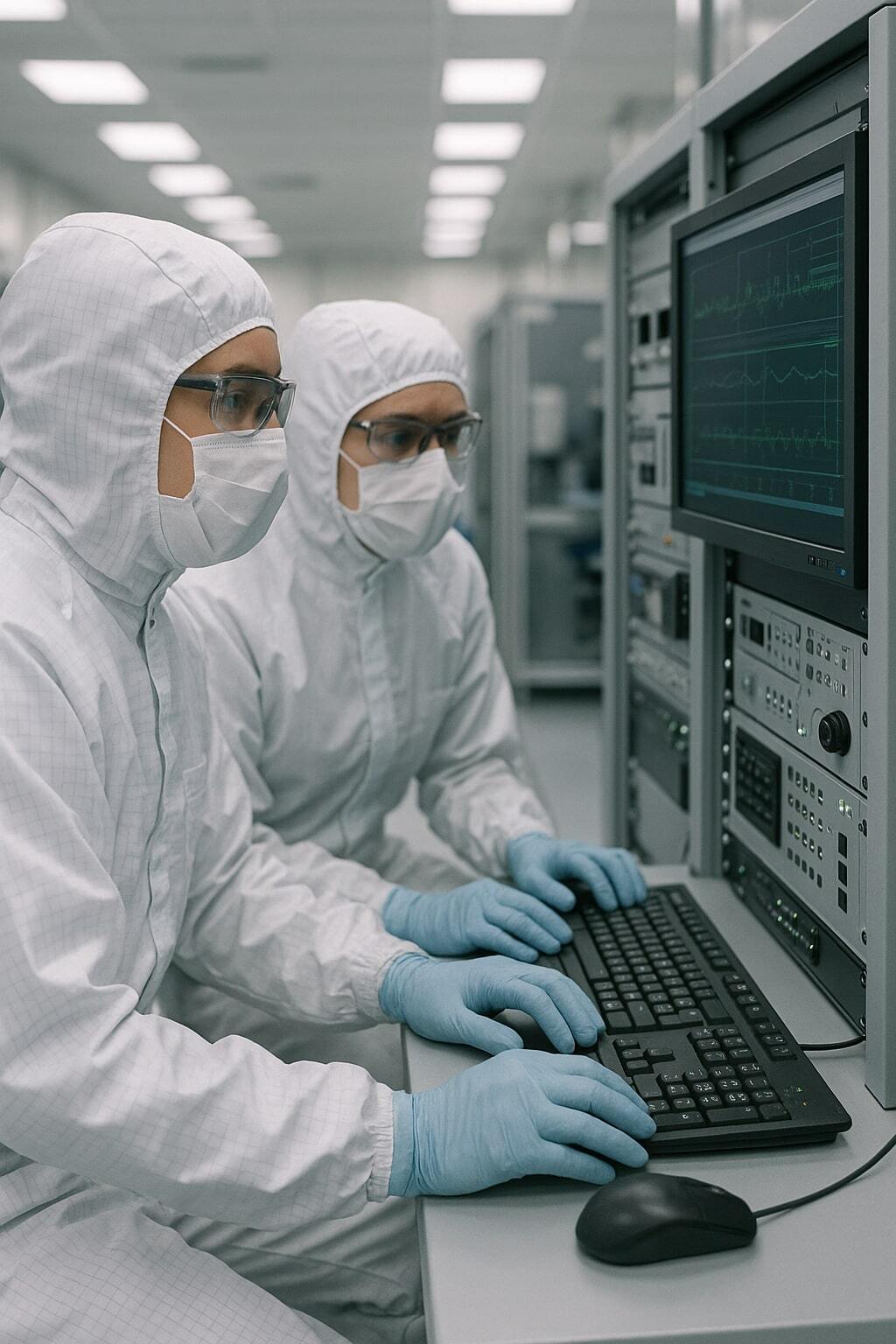 Technicians in sterile suits monitoring aseptic filling equipment.