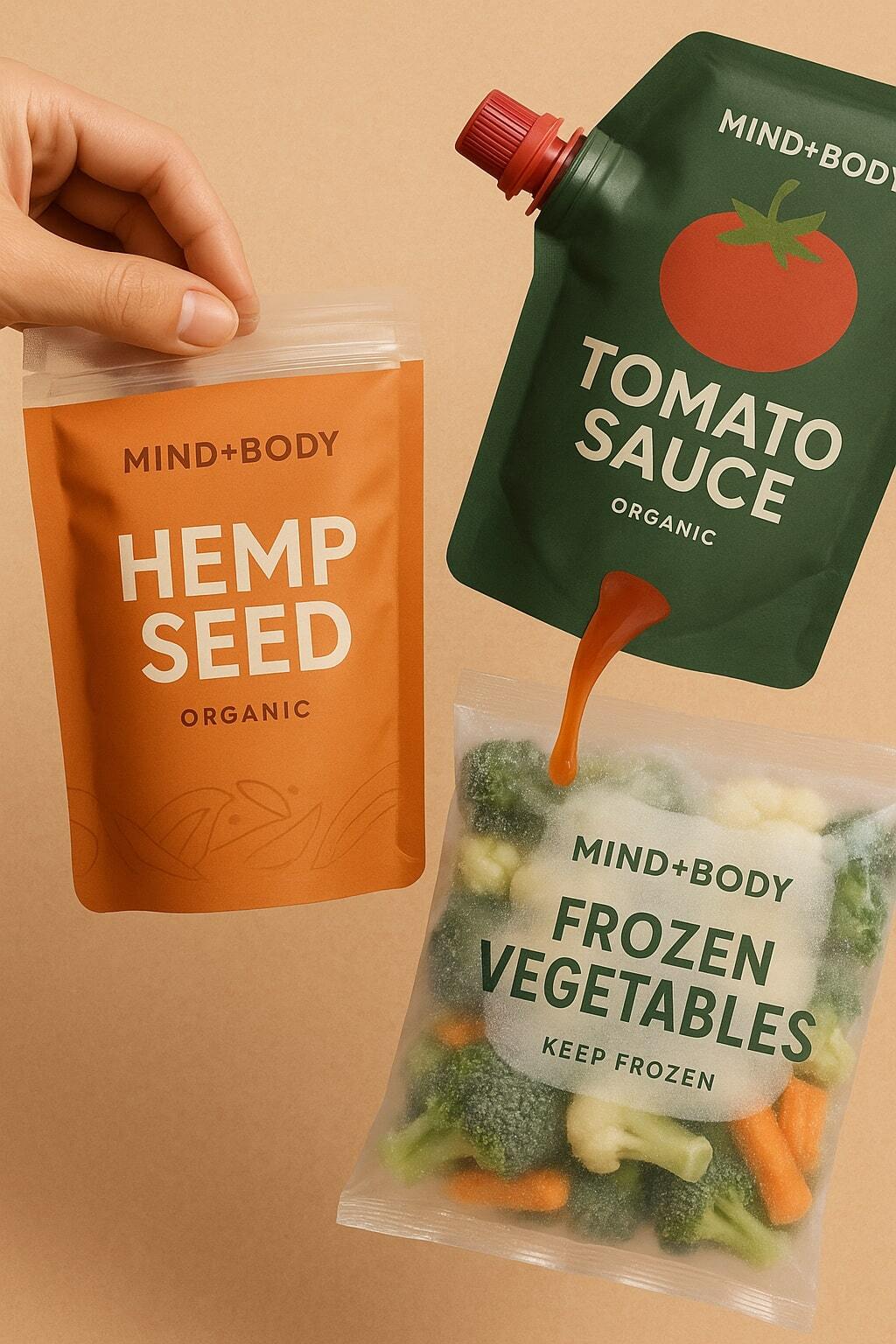 Collage showing consumer-friendly features and improved shelf presence for food pouches.