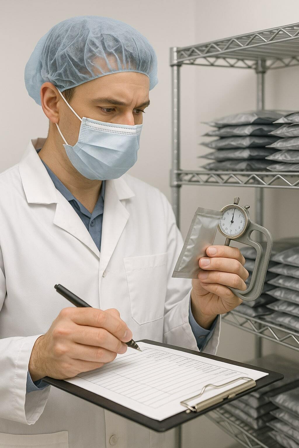 Technician checking seals and performing pouch QC tests.