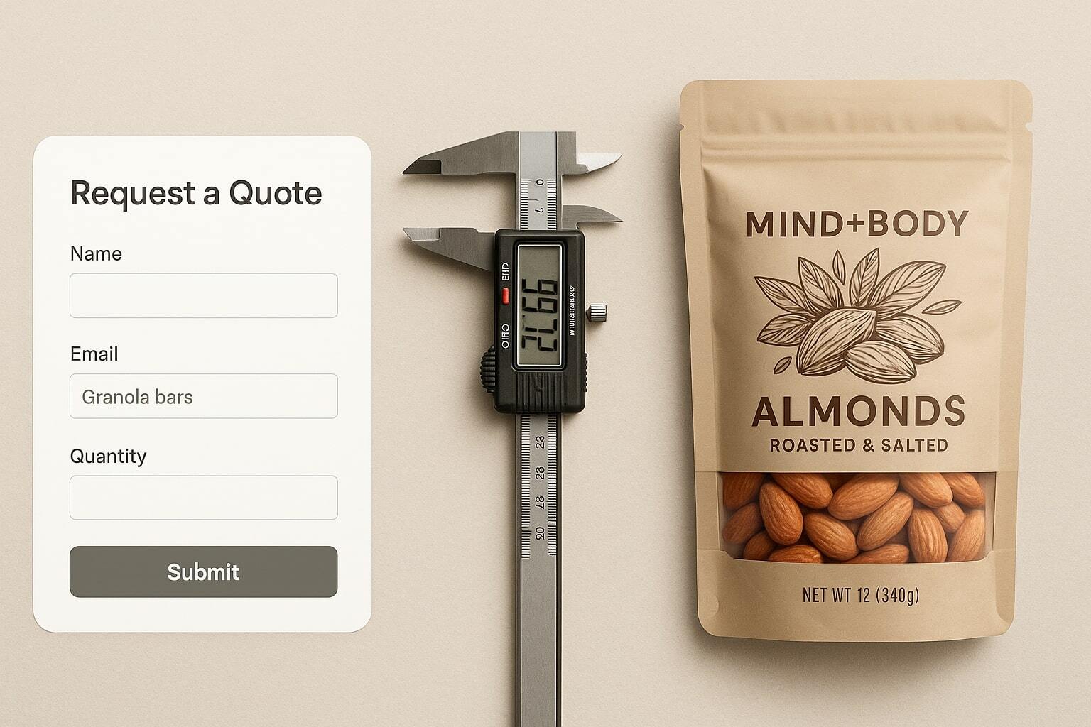 Slim banner with a tidy quote request form mockup, a caliper, and a sample pouch on a neutral background.