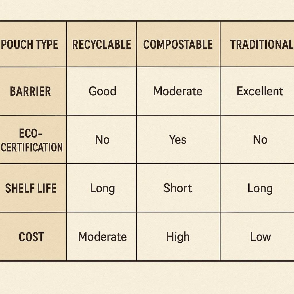 Table comparing recyclable, compostable, and traditional pouches across barrier, eco-certification, shelf life, and cost.