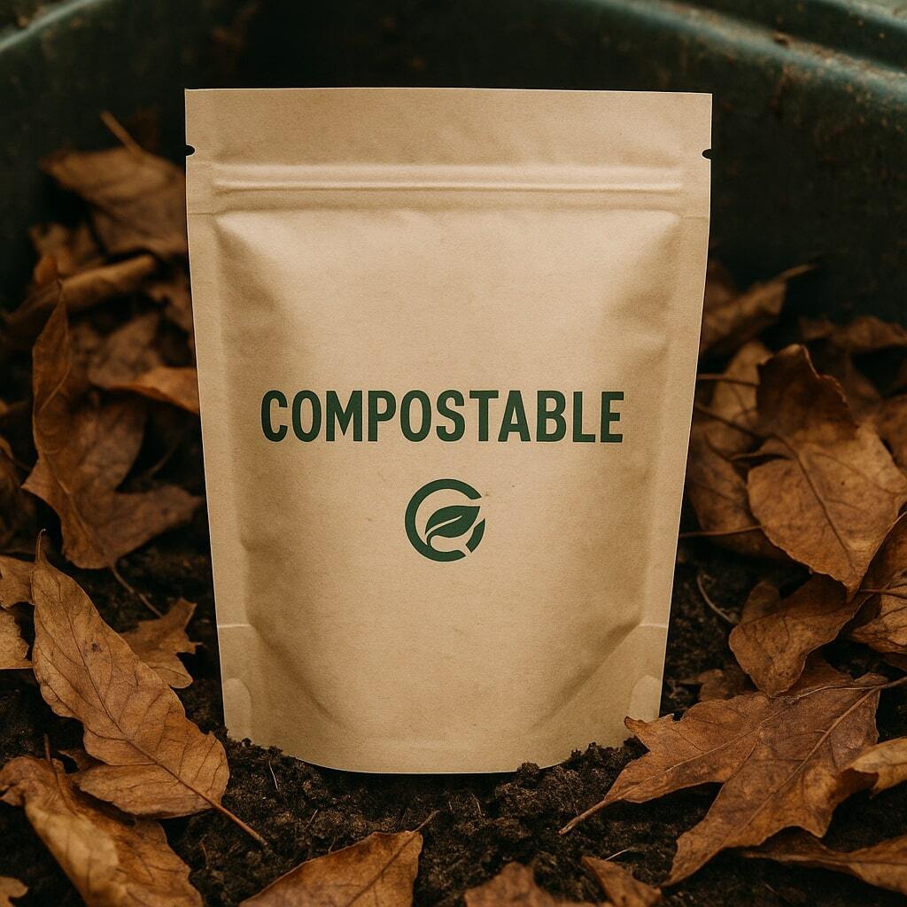 Compostable pouch in a compost bin setting with leaves and soil.