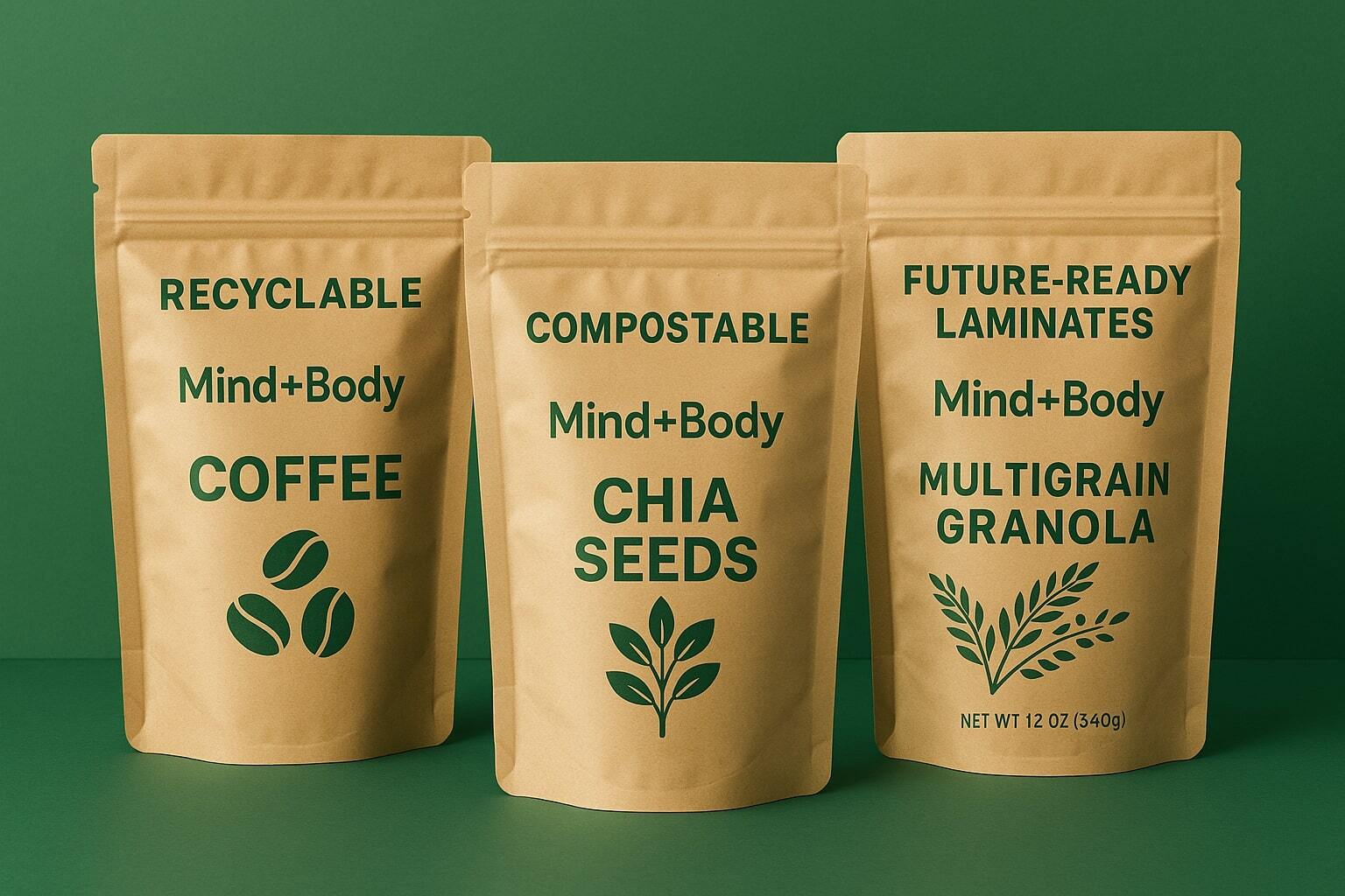 Array of eco-friendly stand-up pouches labeled recyclable, compostable, and future-ready laminates on a green backdrop. If there are realistic pouches in the image the pouches should have some design elements as though you might find them in a grocery store. Use the fictitious company Mind+Body as the brand and label the products with real products that would be packaged in the pouches. Do not use Lorem Ipsum copy in the graphic.