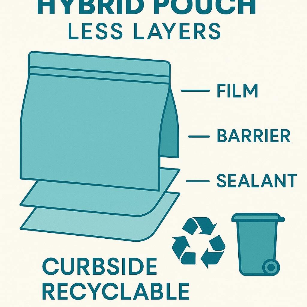 Graphic of a hybrid pouch with fewer layers and icons indicating future curbside recyclability.