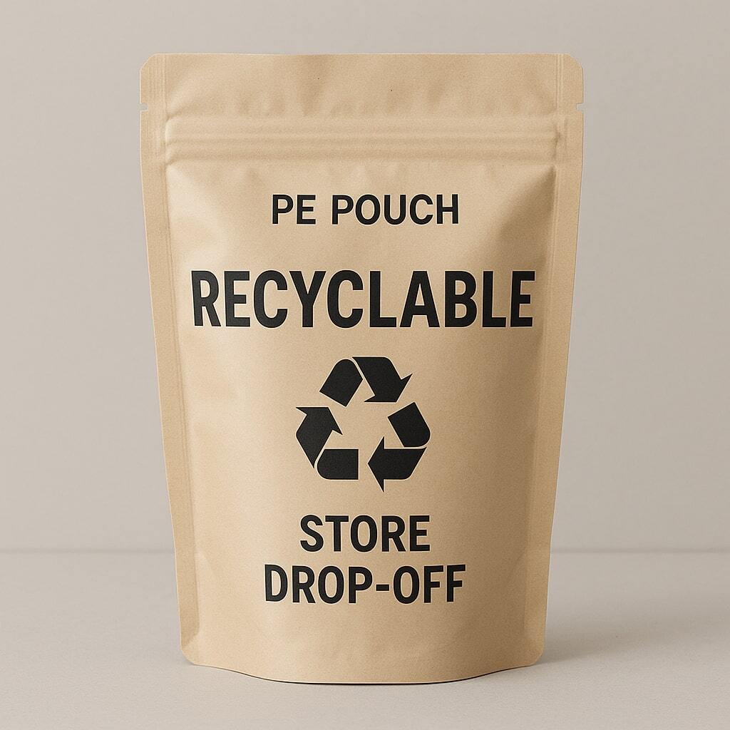 Mono-material PE stand-up pouch labeled recyclable accepted at store drop-off points.