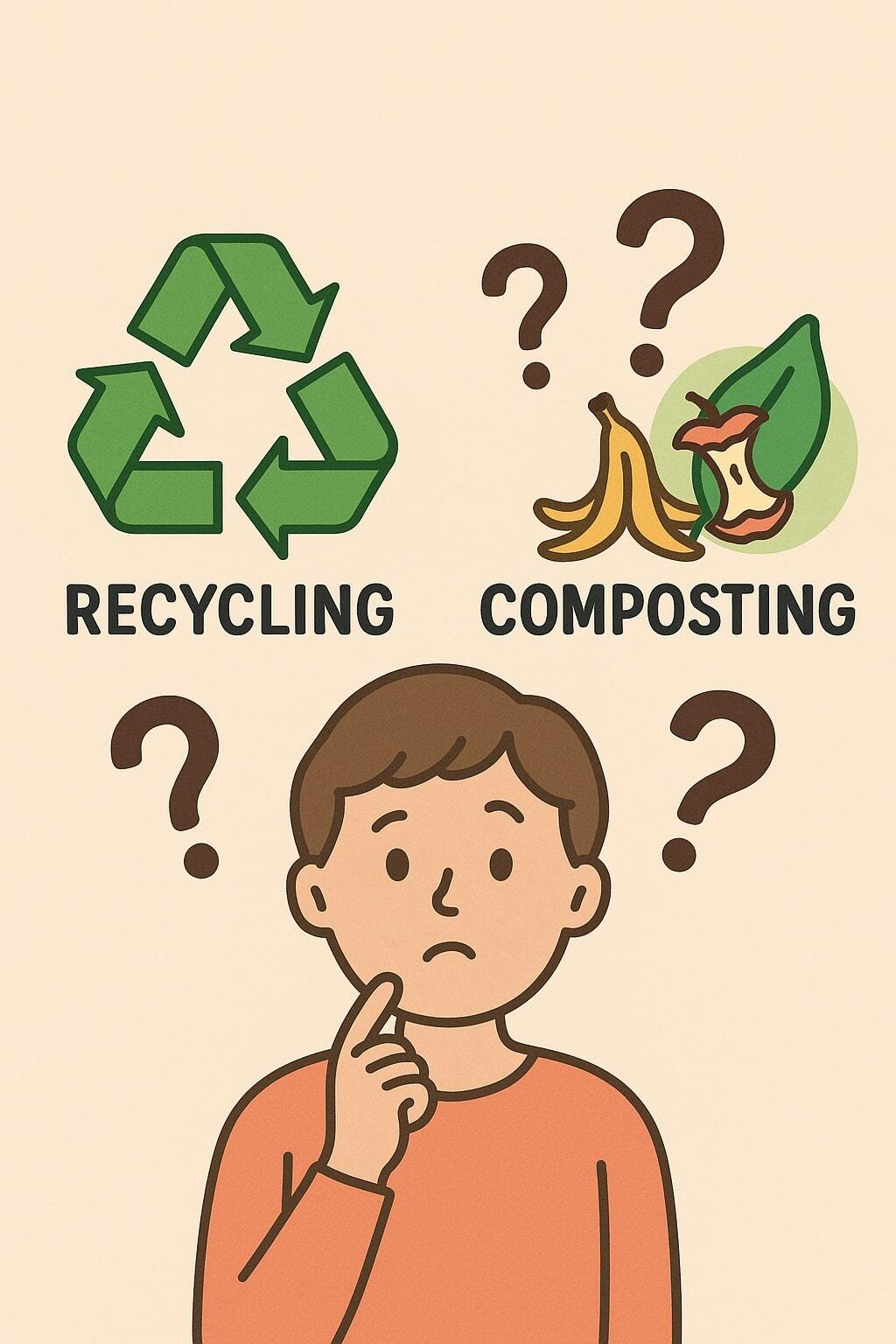 Recycling and composting icons with question marks indicating consumer confusion.