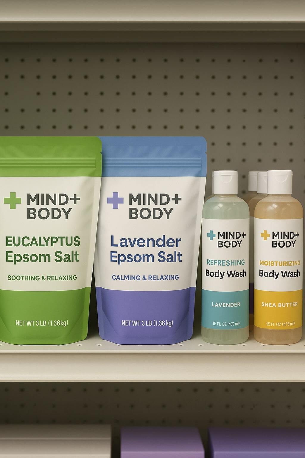 Shelf display showing the large printable billboard surface of stand up pouches compared to bottles.