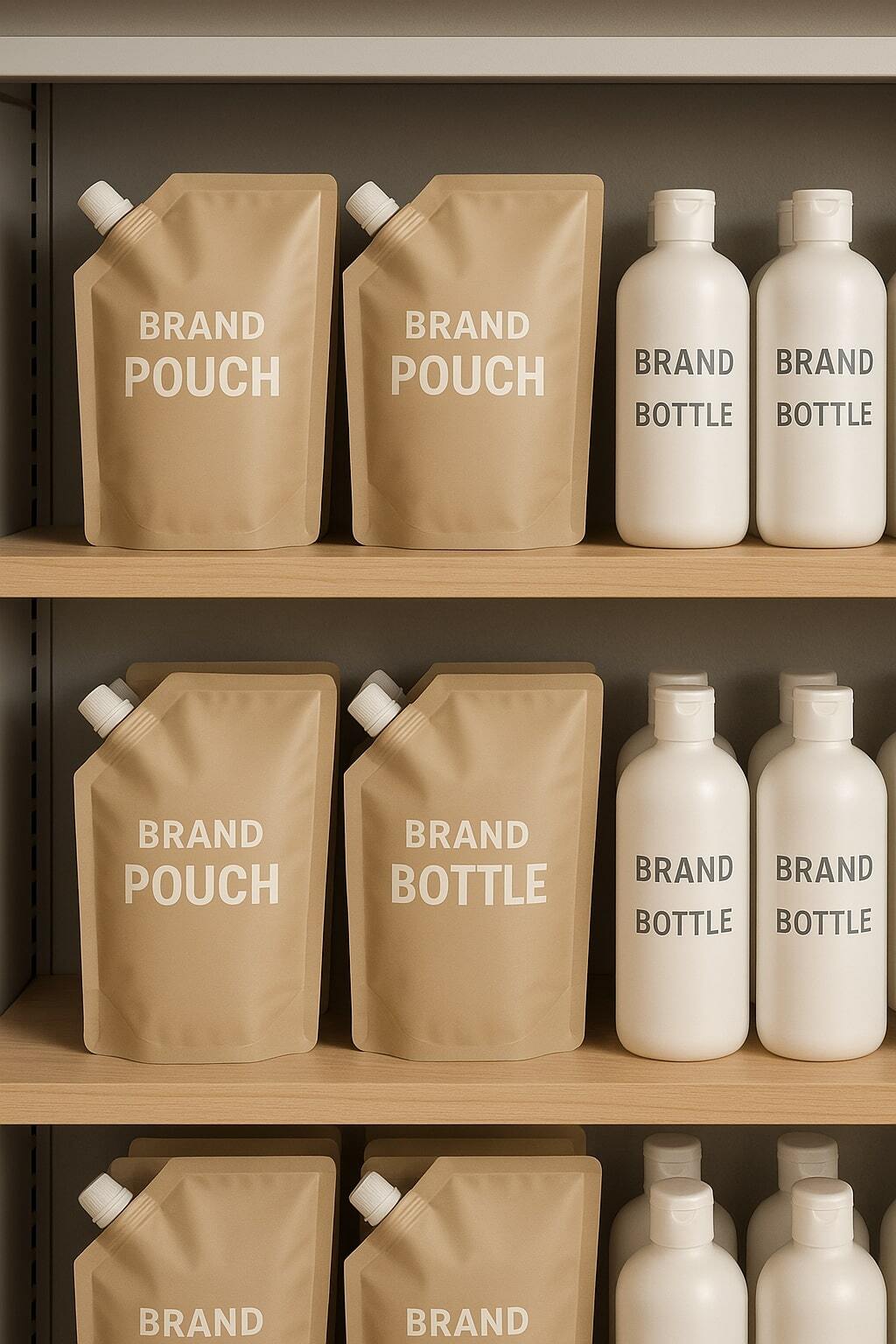 Retail shelf showing pouches stacked efficiently next to bottles to reflect retailer preferences.