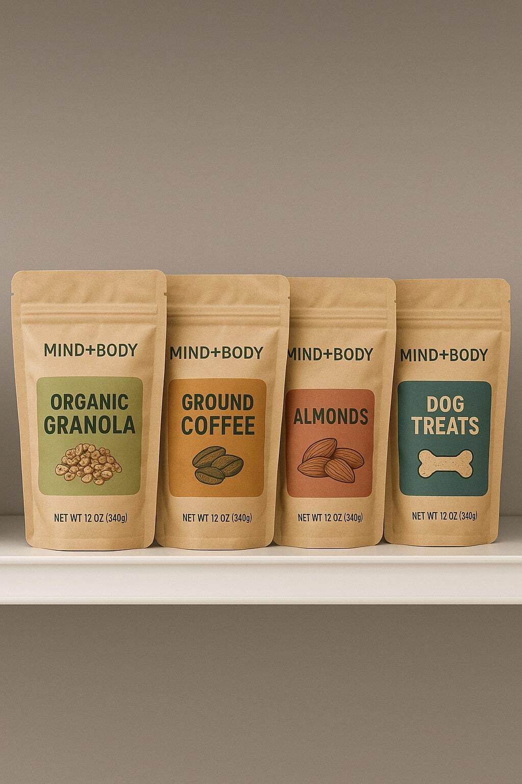 Retail shelf featuring eco-friendly stand-up pouches across snacks, coffee, and pet treats.