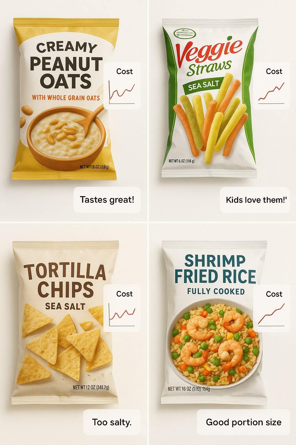 Collage of food products in flexible packaging with mini graphs and review snippets.