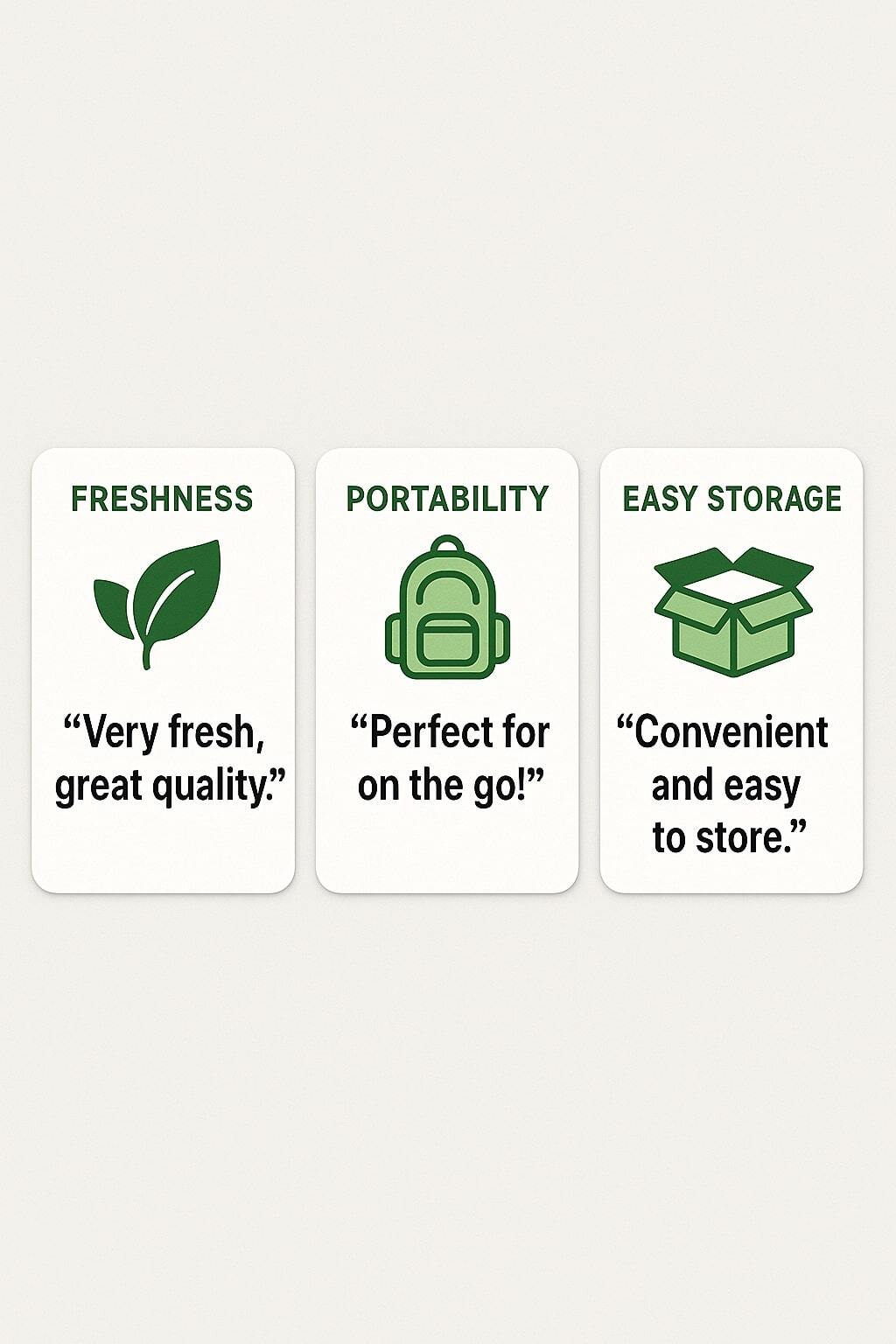 Card-style review highlights with short quotes about freshness, portability, and ease of storage.