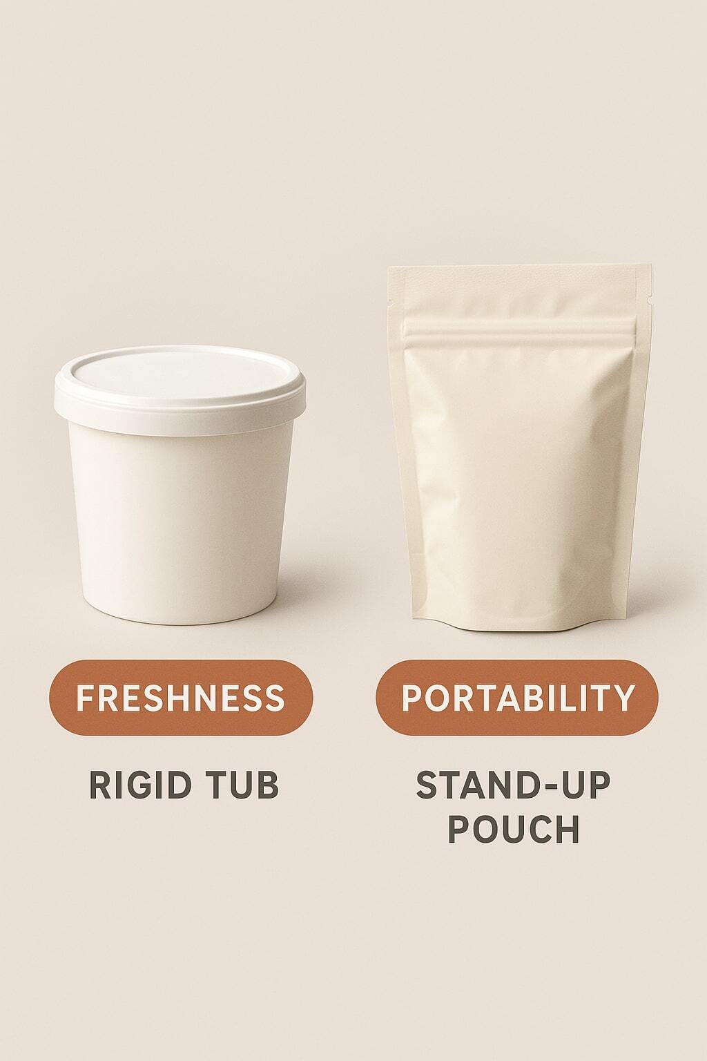 Comparison visuals of rigid tubs vs flexible stand-up pouches with freshness callouts.