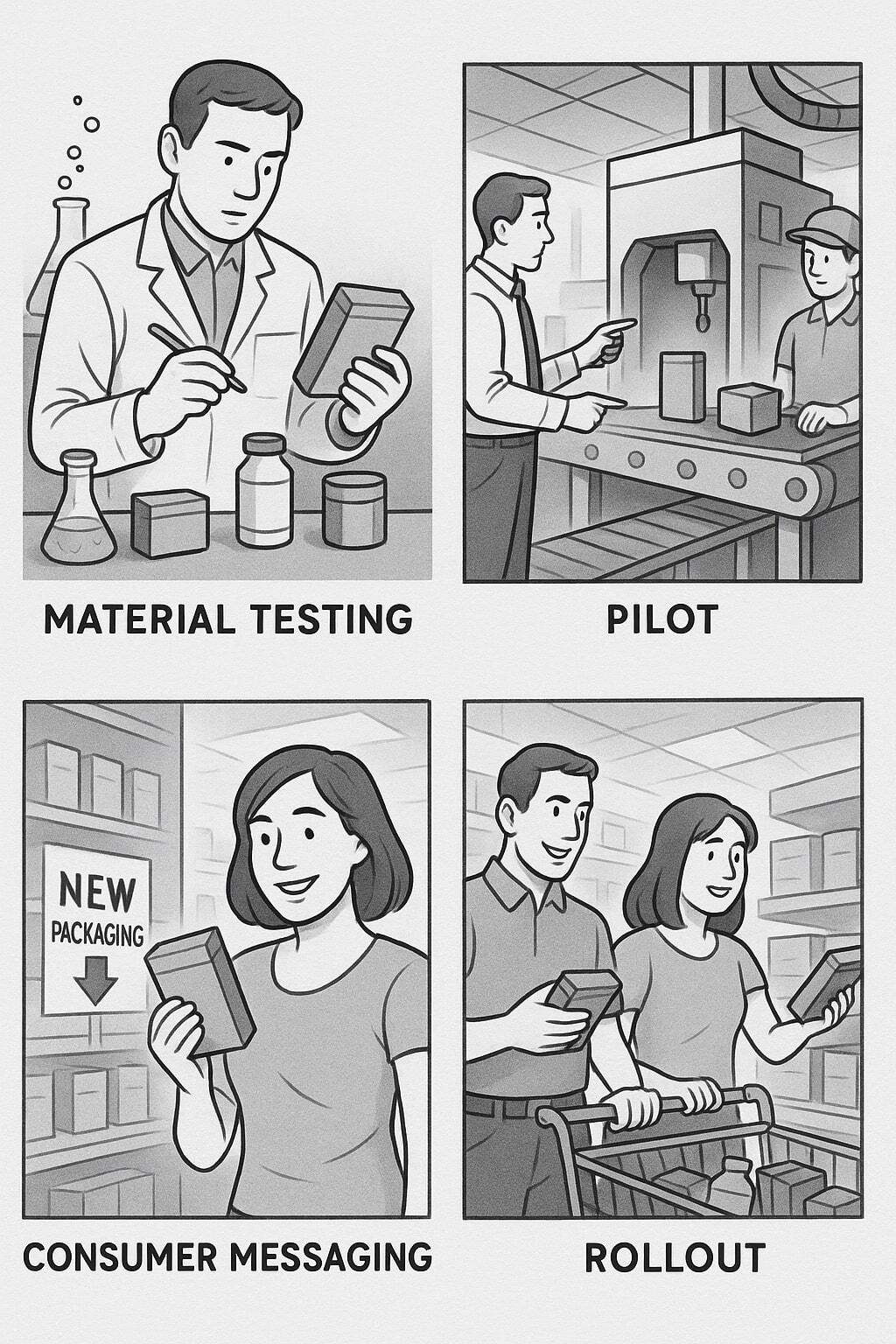 Workflow storyboard showing packaging transition steps and consumer messaging.