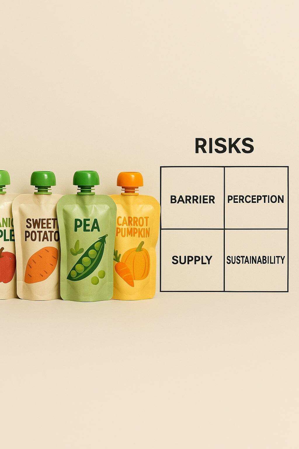 Food pouches beside icons for barrier, perception, supply, and sustainability risks.