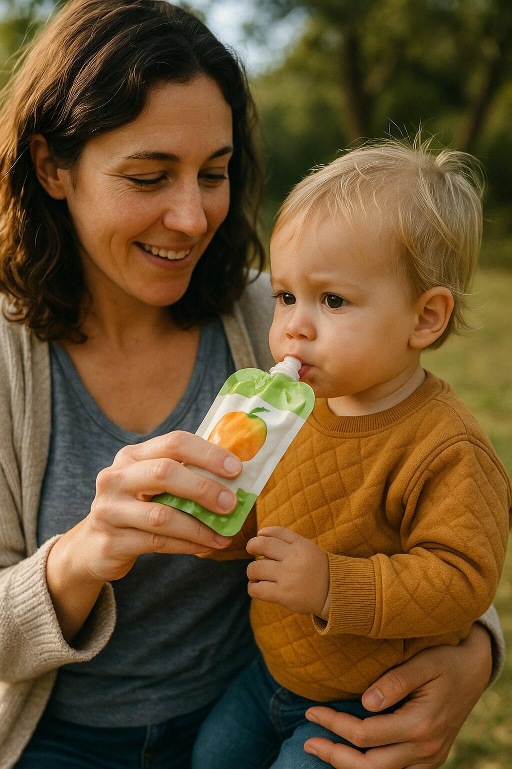 Child using a spouted baby food pouch outside with a parent nearby.