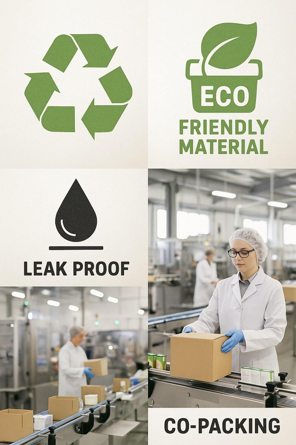 Collage of eco labels, leak-proof icons, and co-packing facility imagery.
