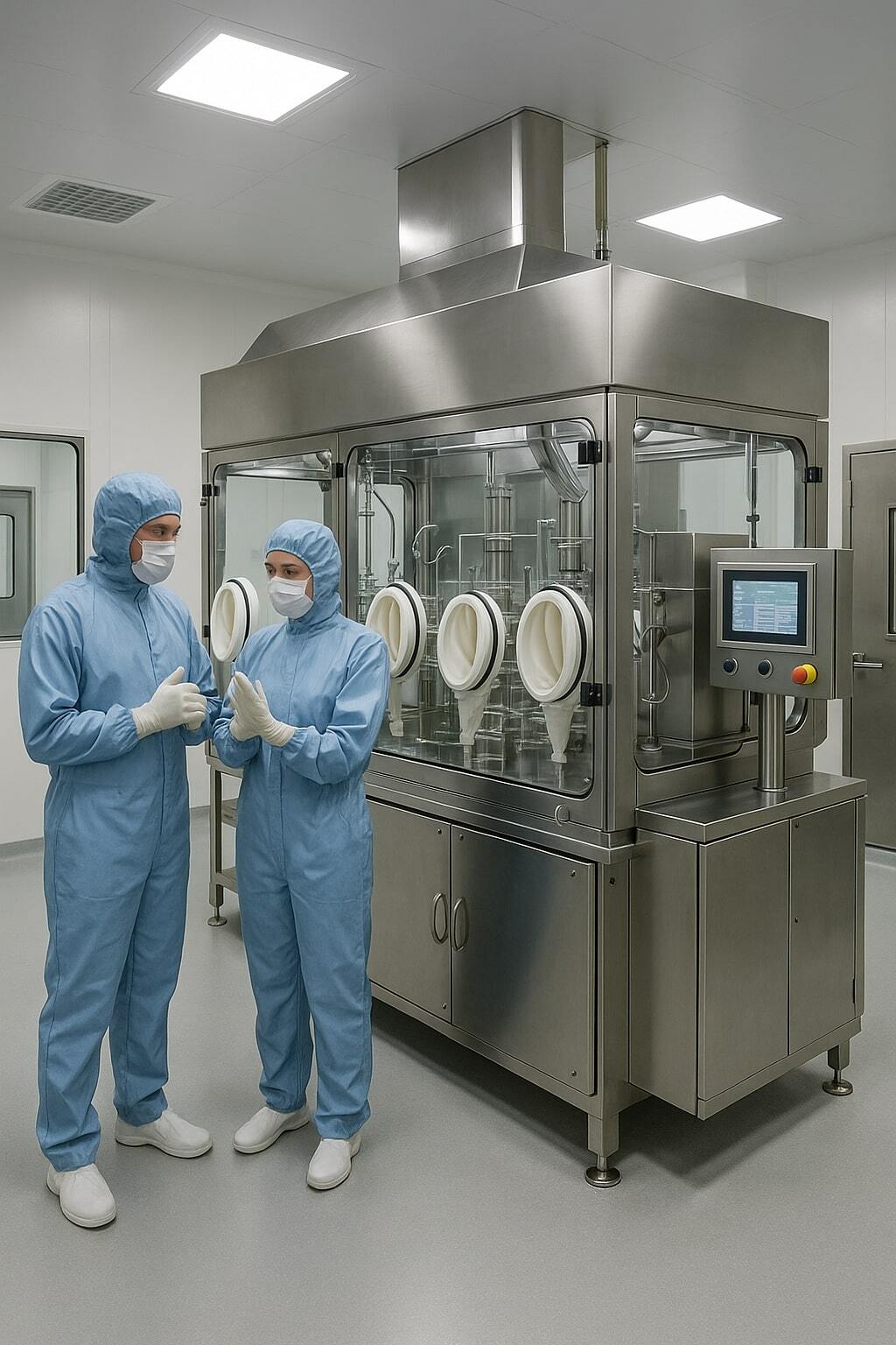 Sterile production room with aseptic filler and operators preparing for validation testing.