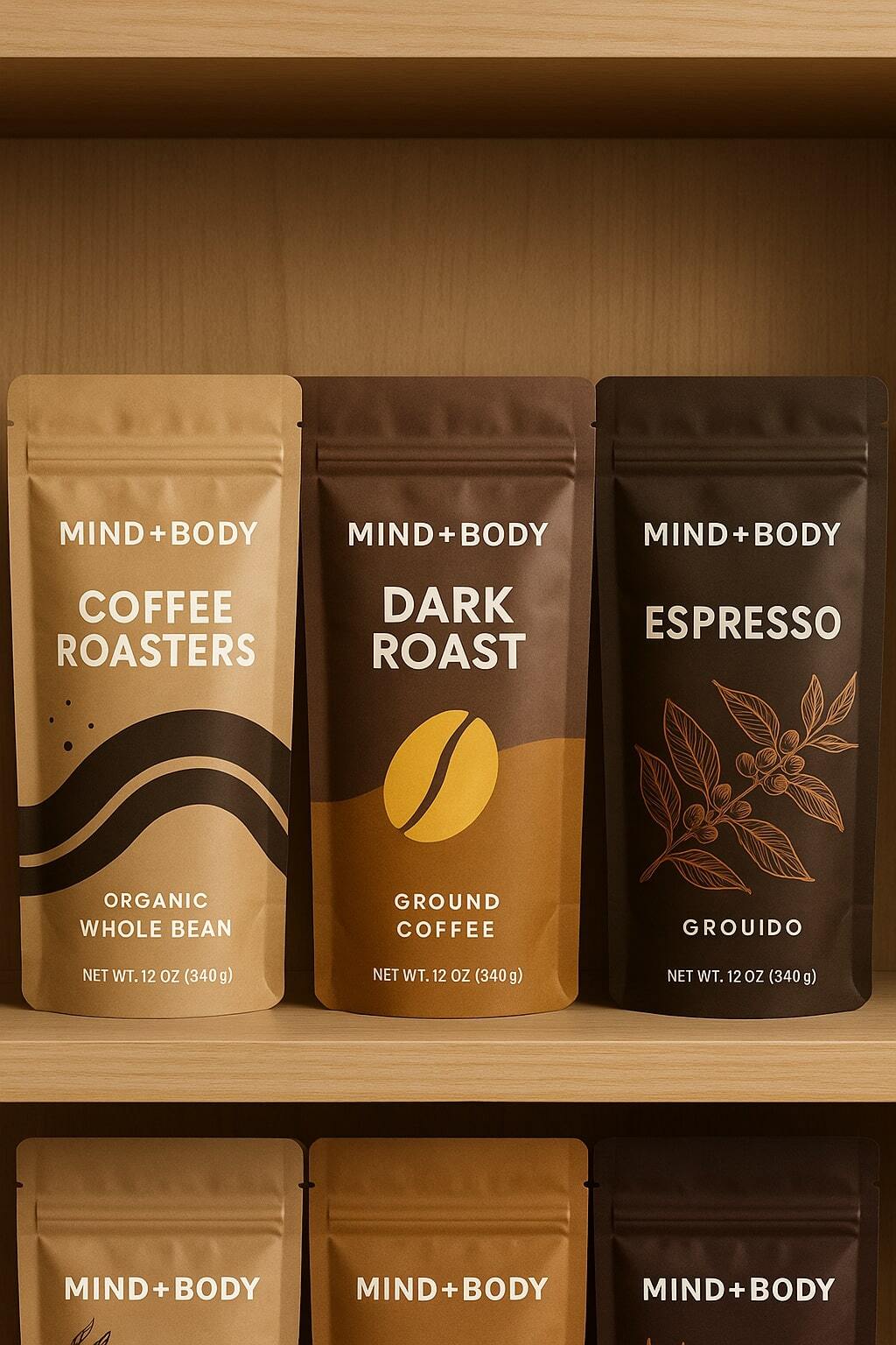 Rows of high-barrier coffee pouches with resealable zippers on a shelf.