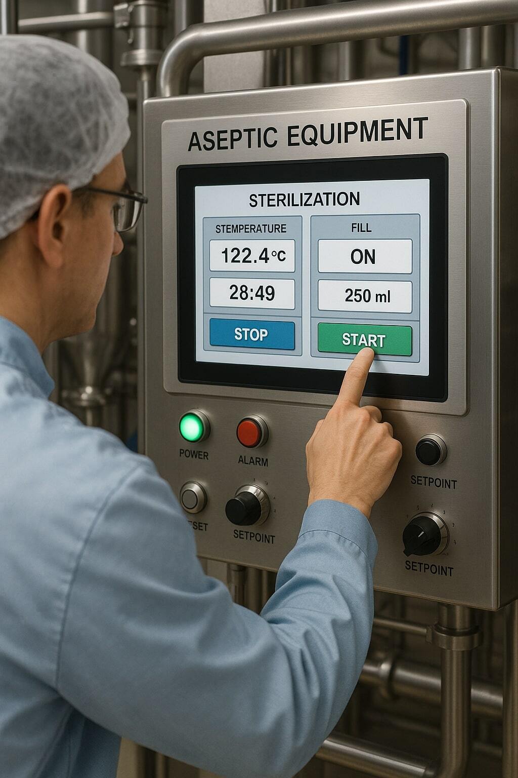 Engineer adjusting control settings on aseptic packaging equipment to ensure quality and cost control.
