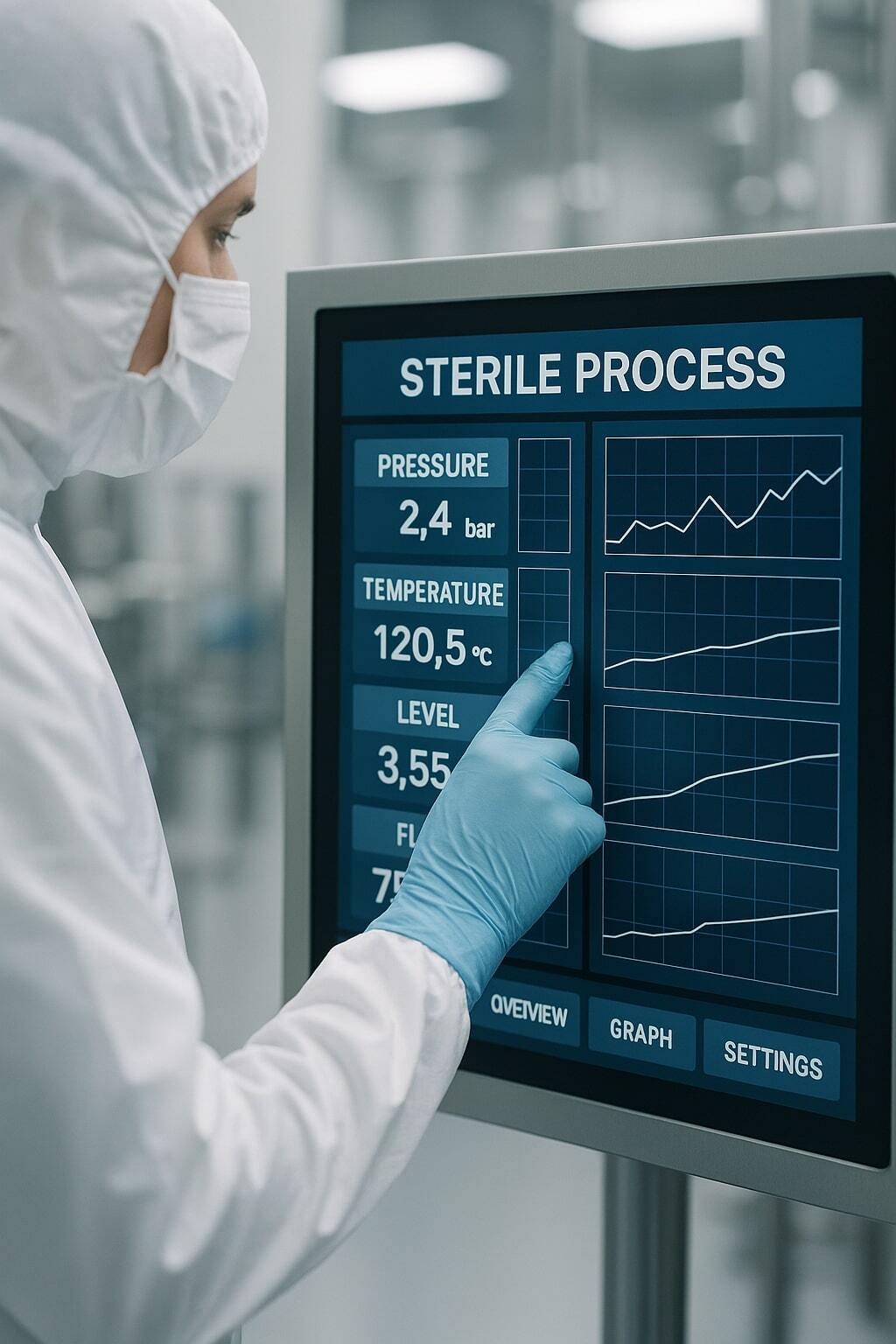 Operator monitoring sterile parameters on an HMI for an aseptic filler.