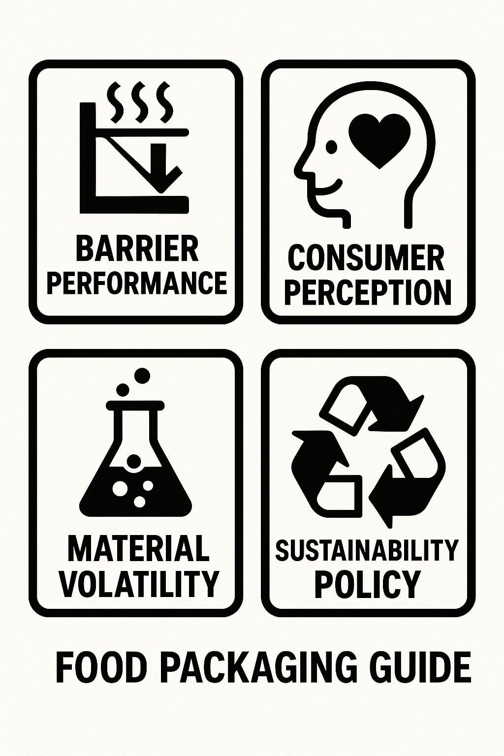 Risk icons for food packaging showing barrier, perception, supply volatility, and sustainability concerns.