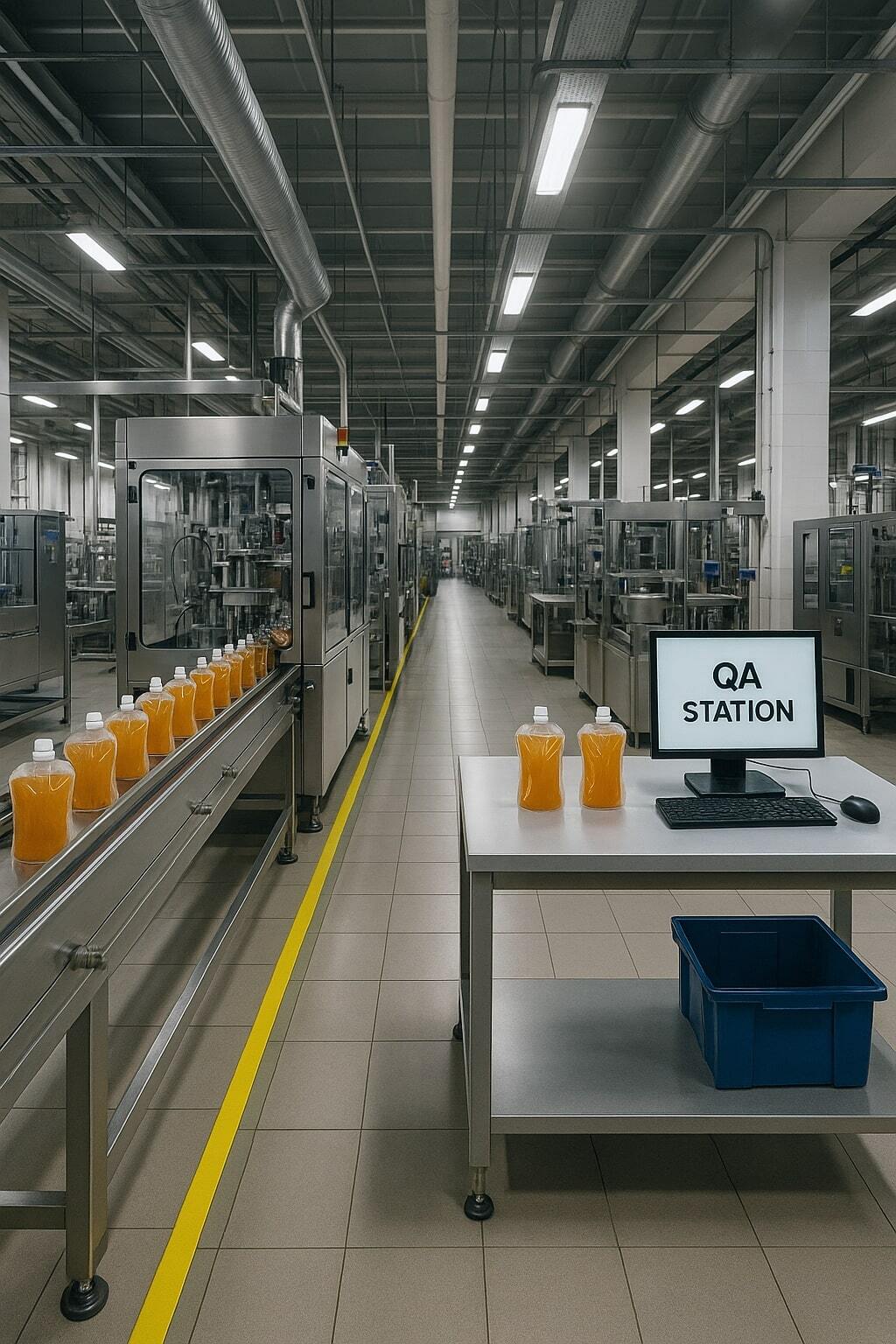 Factory floor with a spouted pouch line and QA station.
