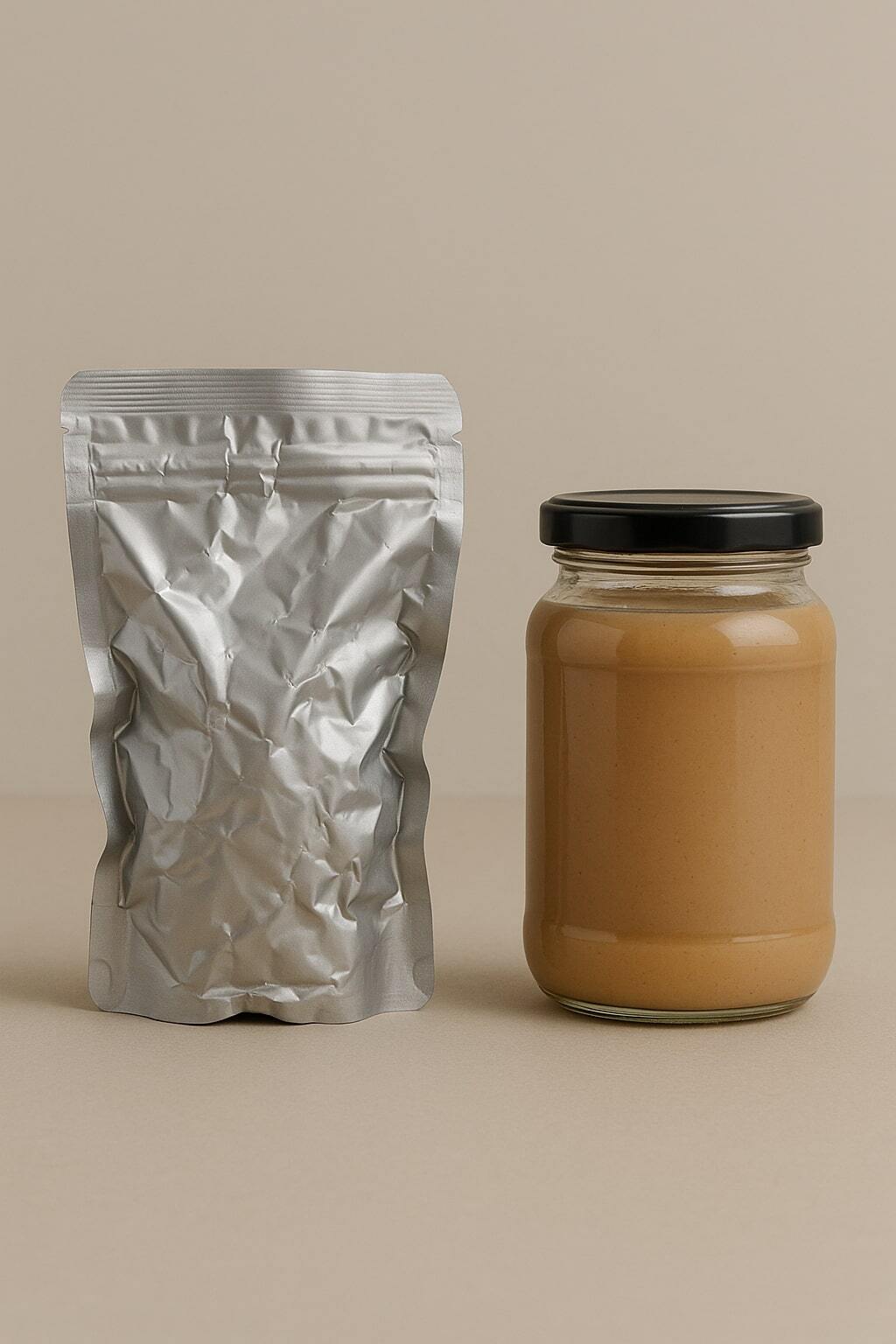 Damaged flexible pouch next to intact rigid jar to introduce common concerns.