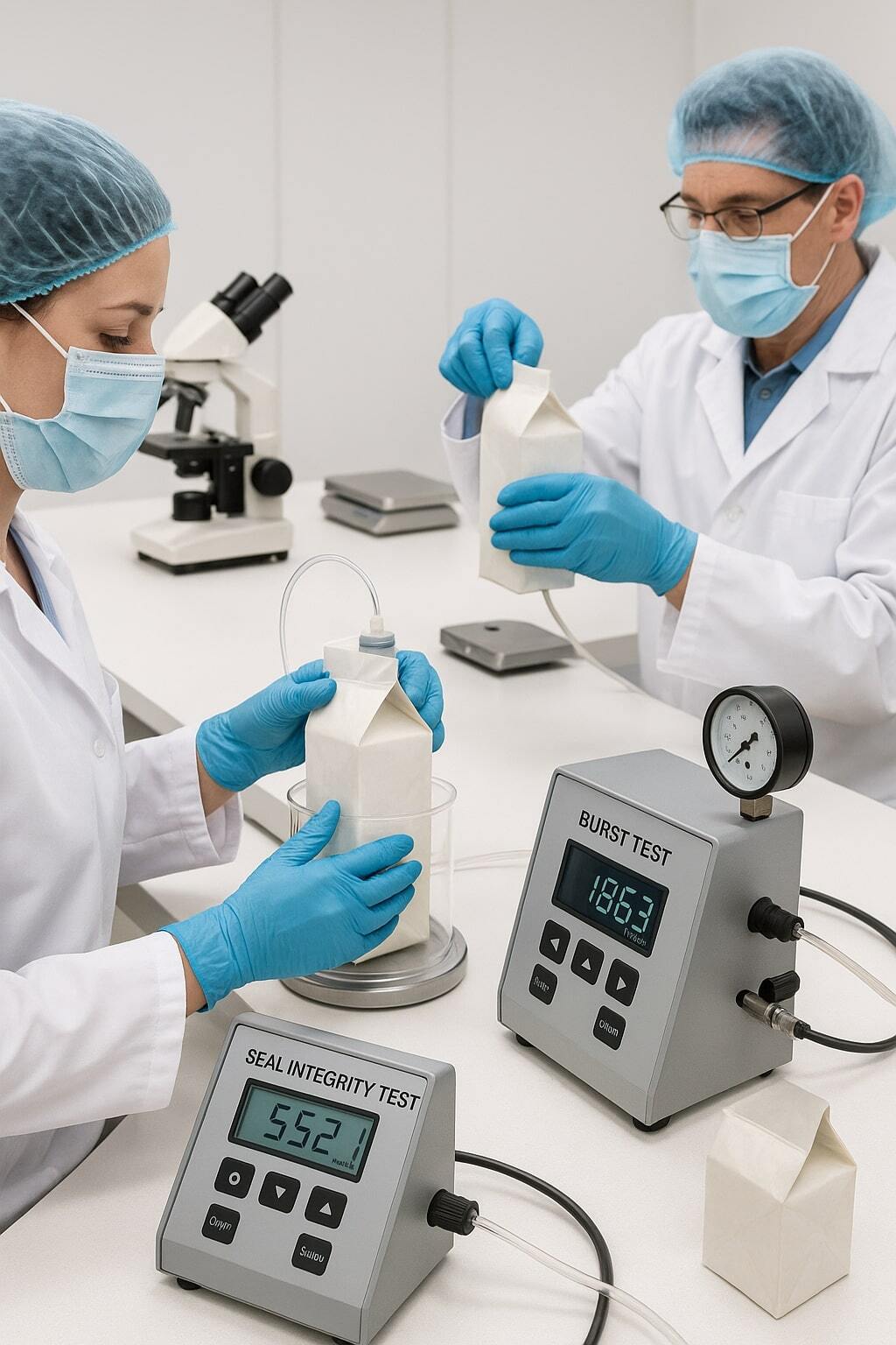 Technicians performing seal integrity testing of aseptic packages in a lab.