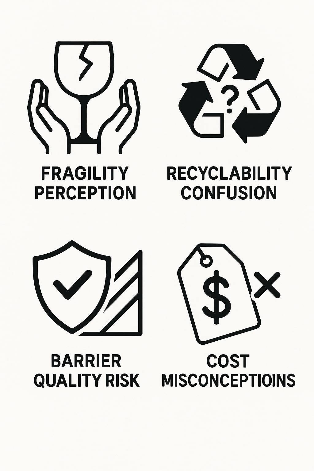 Icons summarizing fragility perception, recyclability confusion, barrier quality risk, and cost misconceptions.