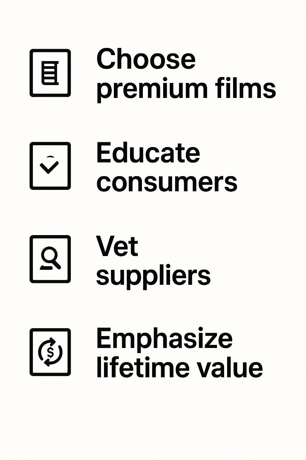 Checklist panels showing premium films, consumer education, supplier vetting, and value framing.
