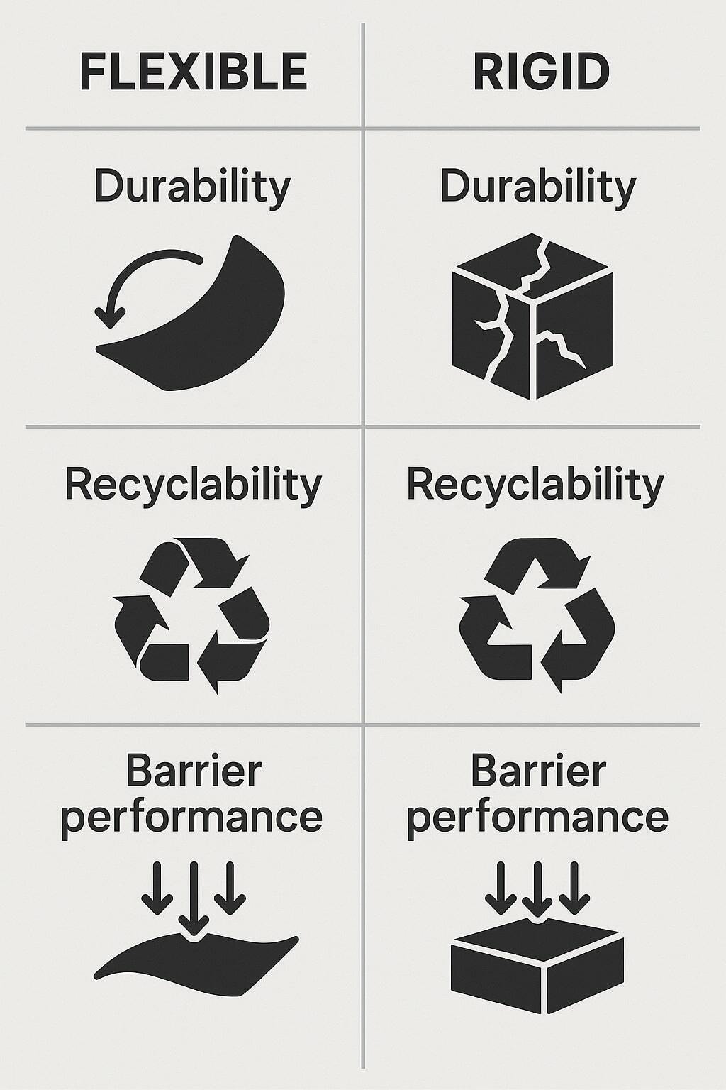Tiles comparing durability, recyclability, and barrier performance for flexible vs rigid options.