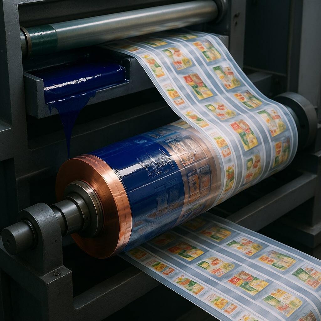 Rotogravure cylinder rolling ink onto a large web of flexible packaging film.