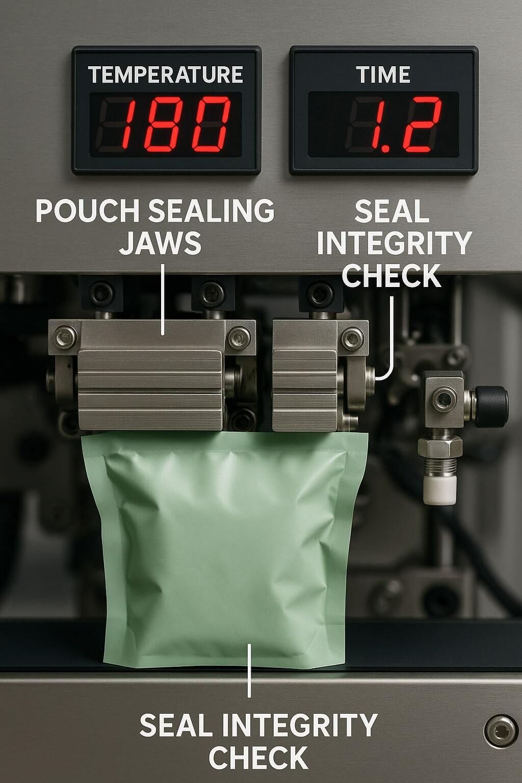 Production line close-up of pouch sealing jaws and QC checks for seal integrity.